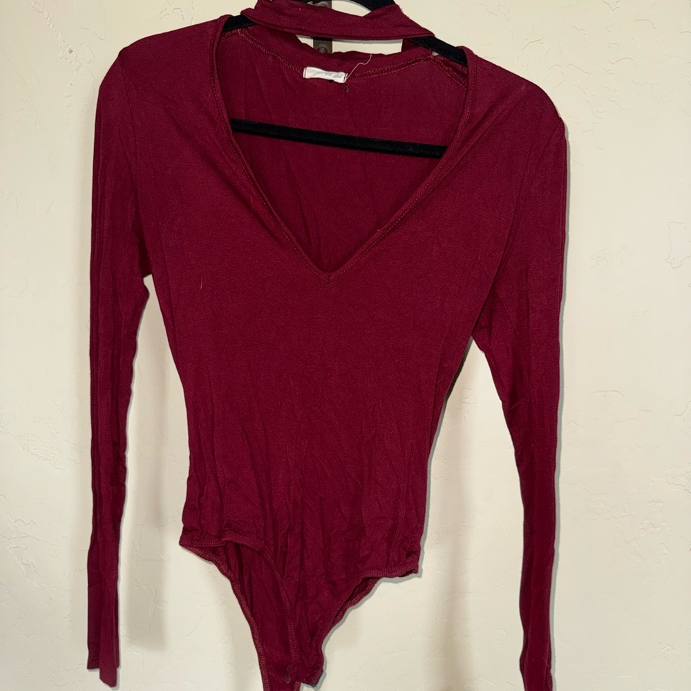 Elegant Red V-Neck Bodysuit with Collared Neck